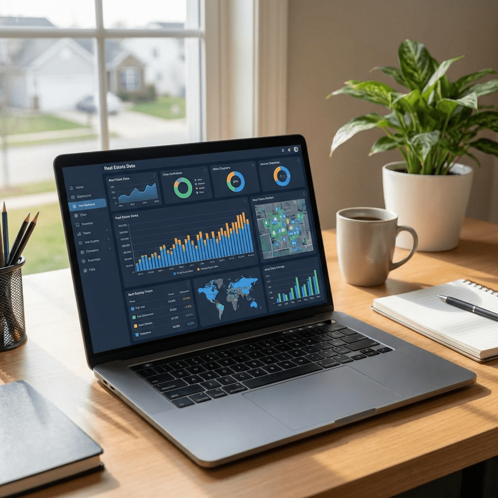 Laptop screen showing real estate data with graphs, charts, and maps