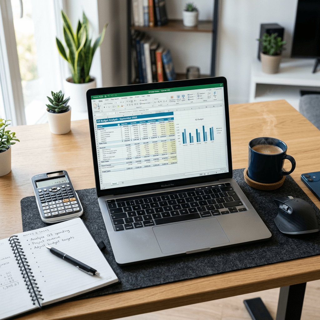 Laptop showing budget analysis spreadsheet with bar chart beside calculator and coffee mug