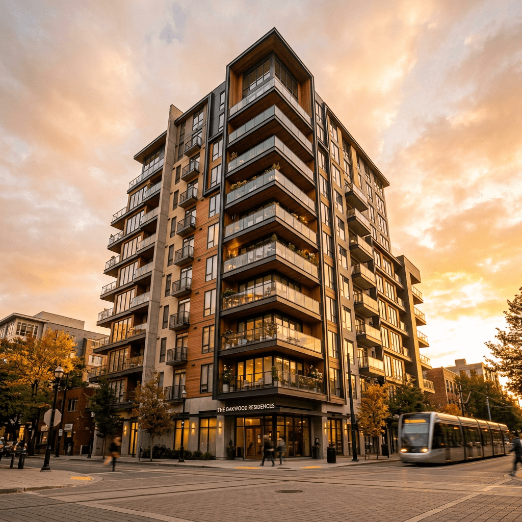Multi-story modern residential building with balconies and large windows